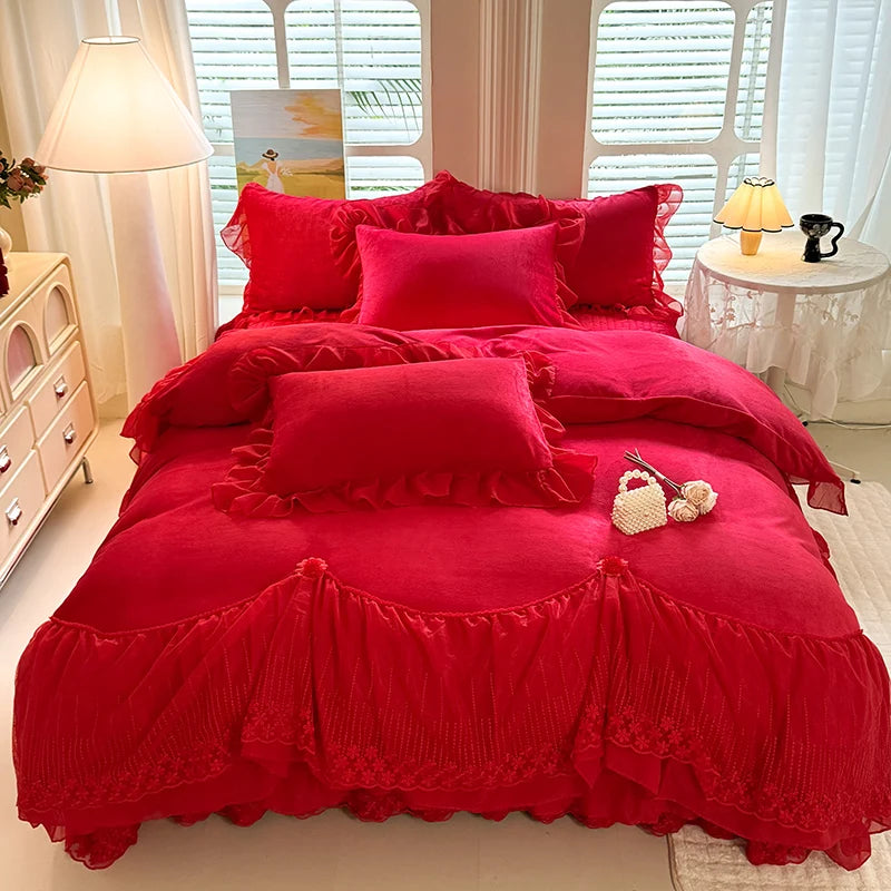 King Big Red Burgundy Plain Solid Quilts Sheets Woven Design for Wedding Bed Covers Winter Velvet Duvet Cover Set