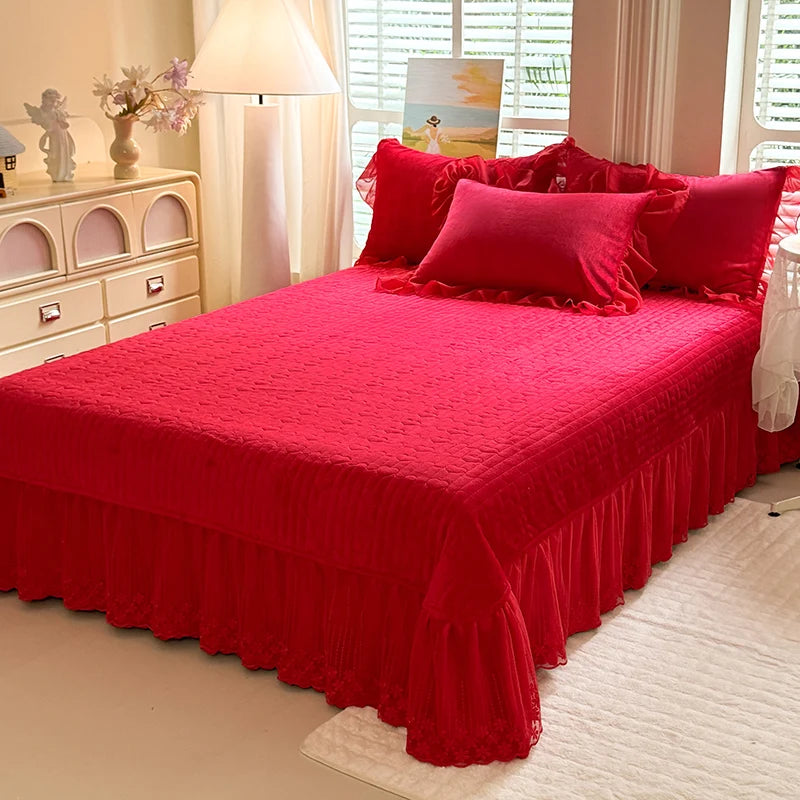 King Big Red Burgundy Plain Solid Quilts Sheets Woven Design for Wedding Bed Covers Winter Velvet Duvet Cover Set