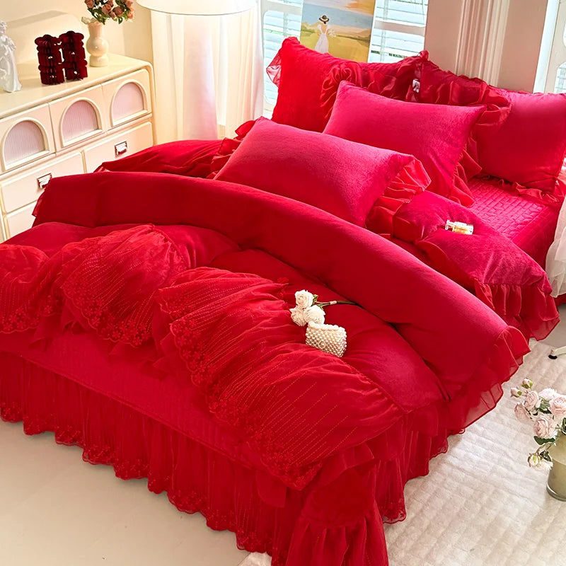 King Big Red Burgundy Plain Solid Quilts Sheets Woven Design for Wedding Bed Covers Winter Velvet Duvet Cover Set