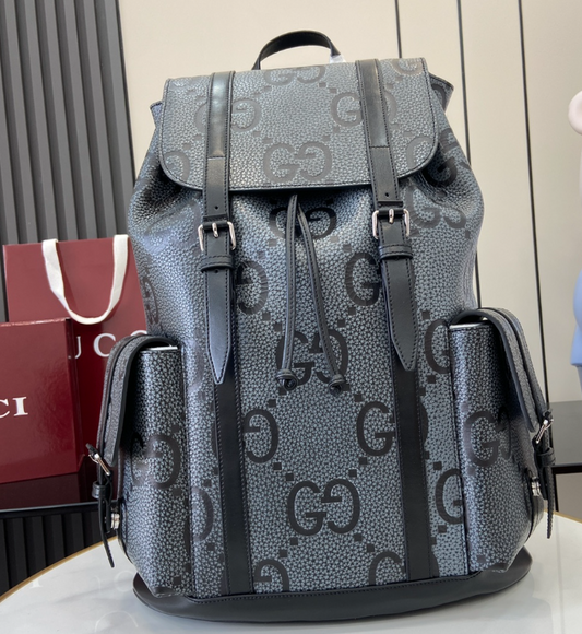 Gucci GG Black Monogram Backpack – Double G Logo & Leather Trim
