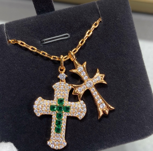 Iced Gold Cross Pendant Set – Green Gemstone & Diamond Detail