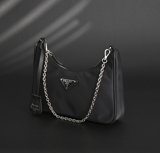 Prada Re-Edition 2005 Nylon Shoulder Bag – Black with Silver Chain