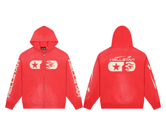 Hellstar Studios Red Flame Logo Zip-Up Hoodie