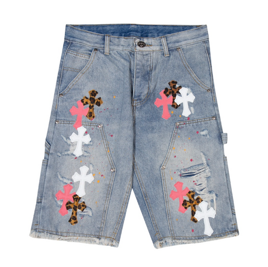 Distressed Cross Patch Denim Shorts