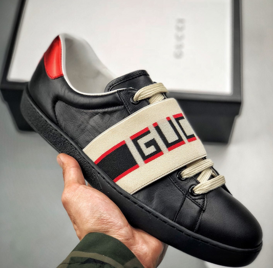 Gucci Ace Leather Sneakers with Web Elastic Band – Black