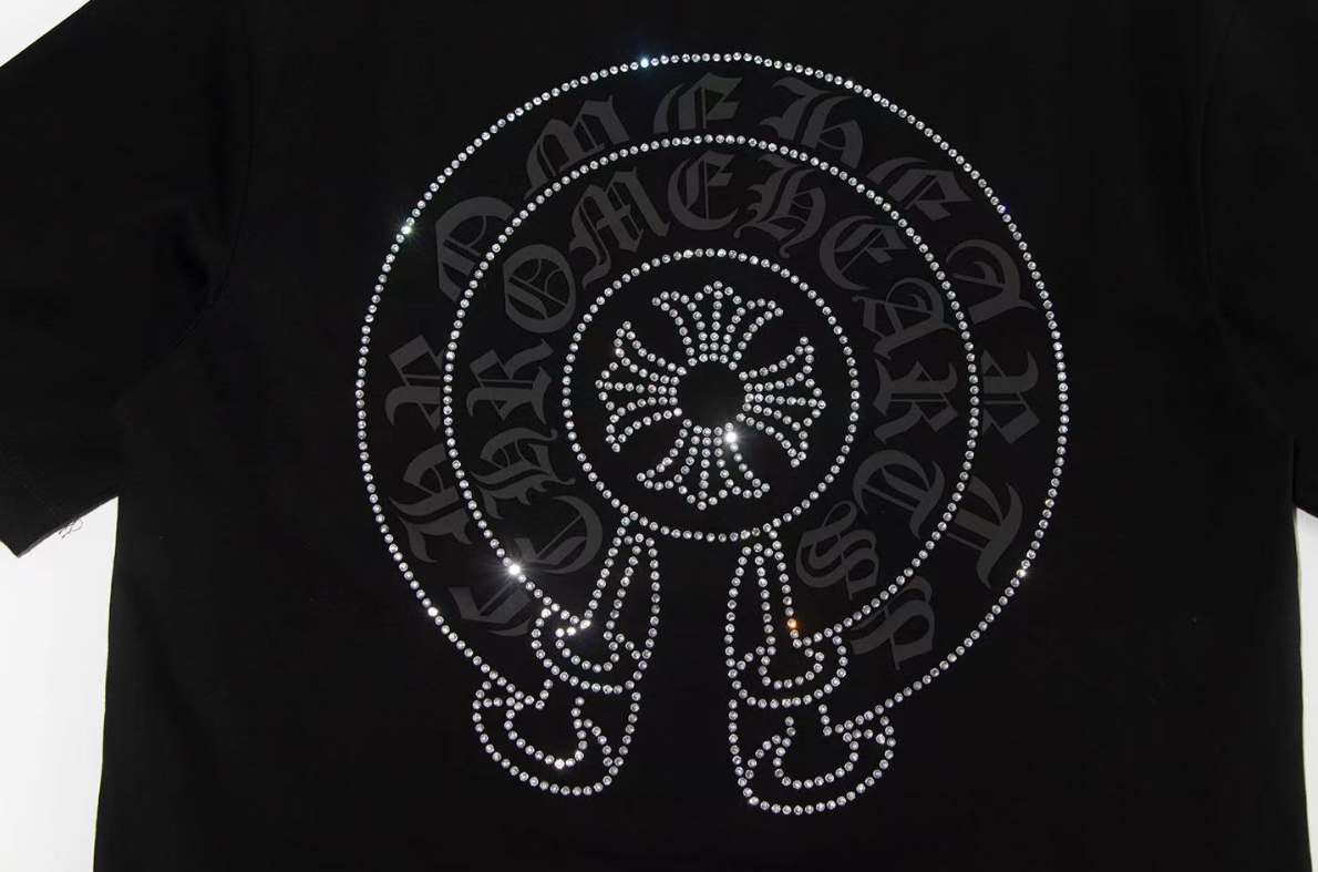 Chrome Hearts Horseshoe Tee – Black/White with Rhinestone Detailing